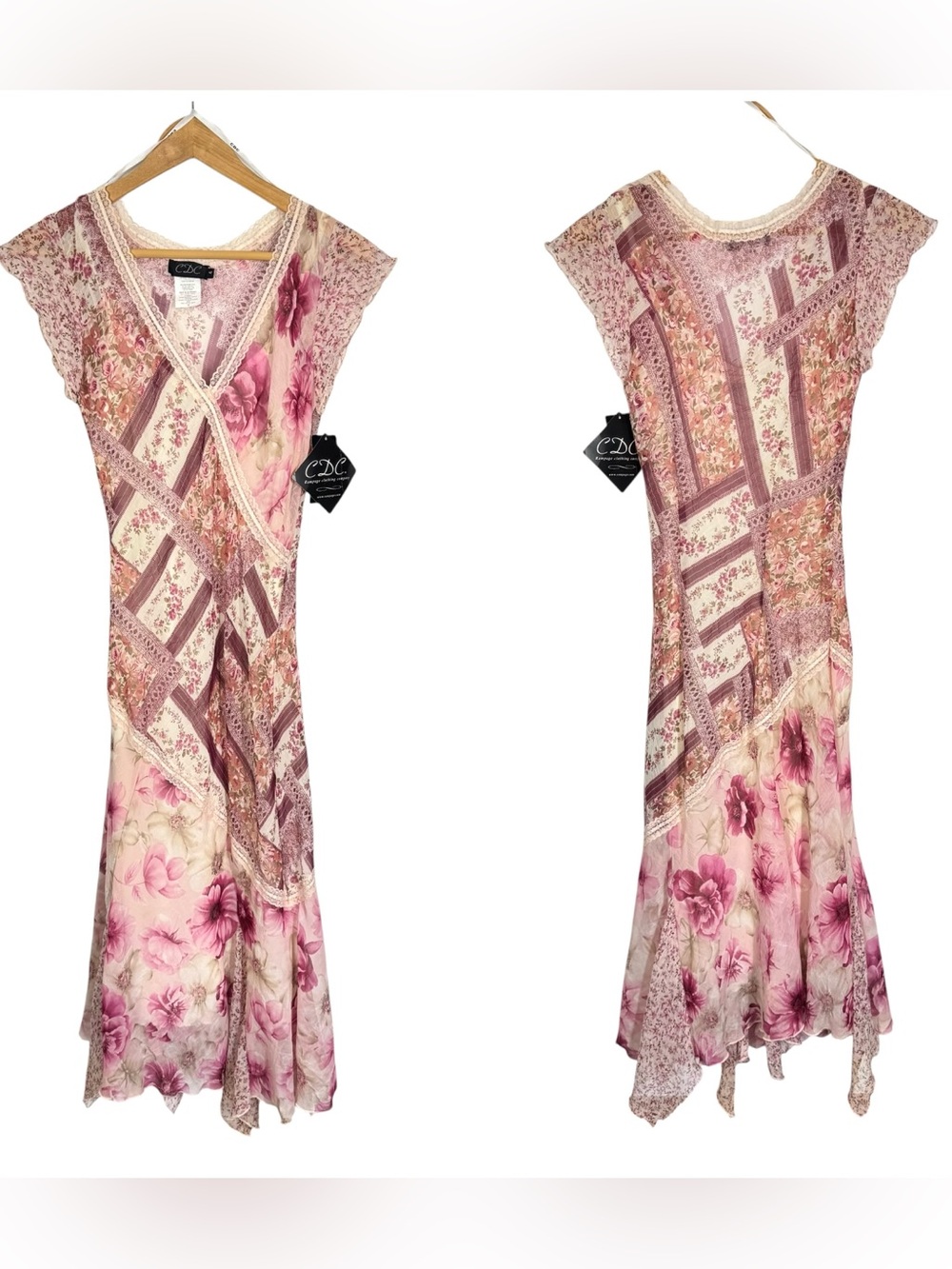 Vtg Y2K CDC Rampage Patchwork Handkerchief Midi Dress Lace Pink Floral Boho 4/S